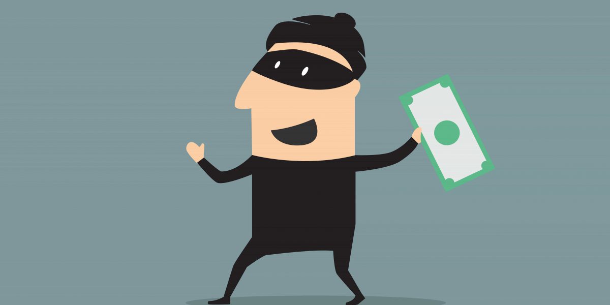 Excited smiling cartoon thief in black mask and costume holding a stolen dollar banknote, flat style